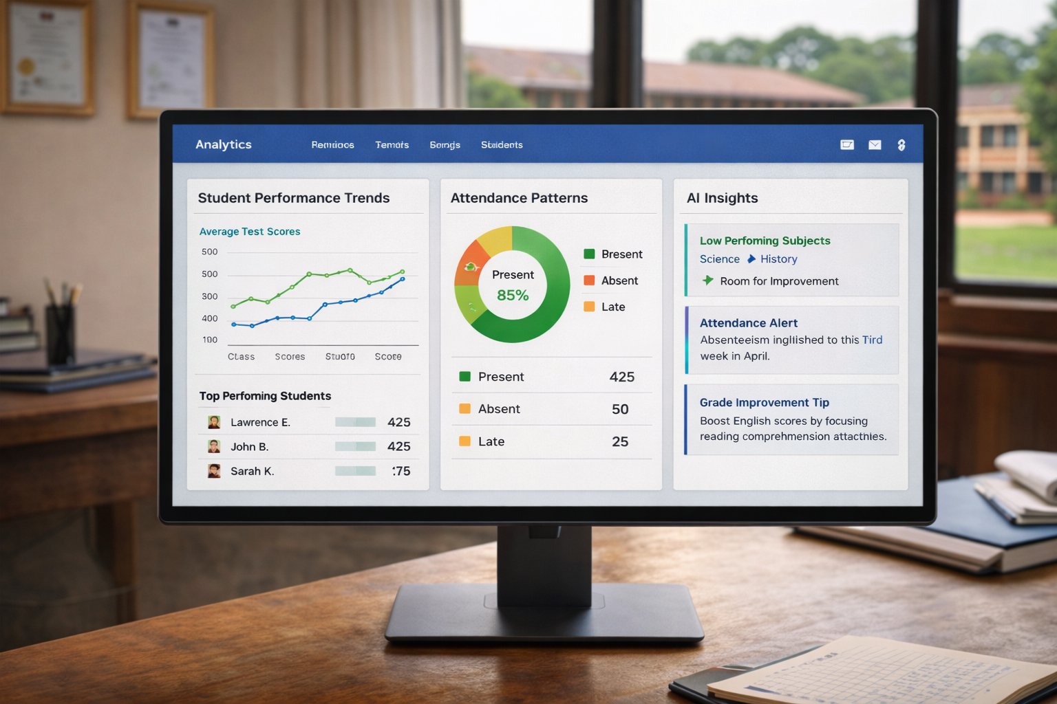 Analytics dashboard showing student performance trends and AI insights