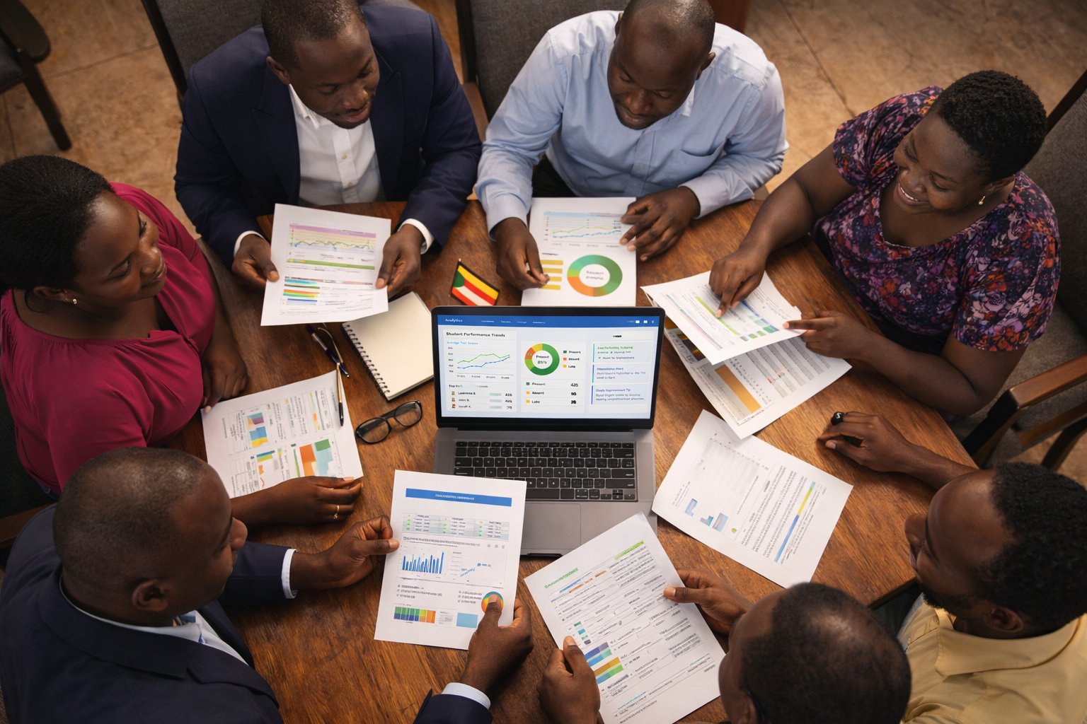 School management team reviewing analytics reports together