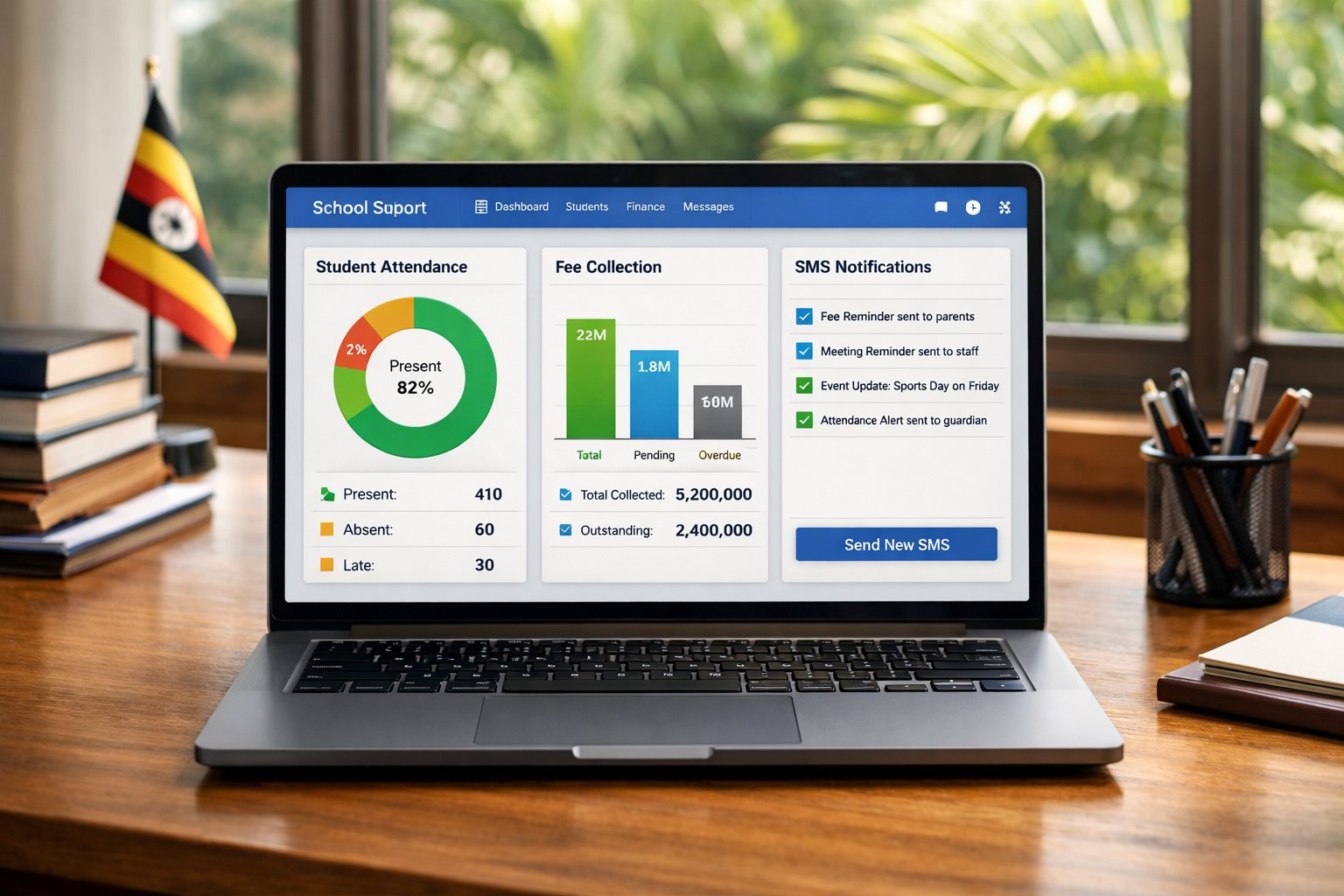School Portal dashboard on a laptop in a Ugandan school office