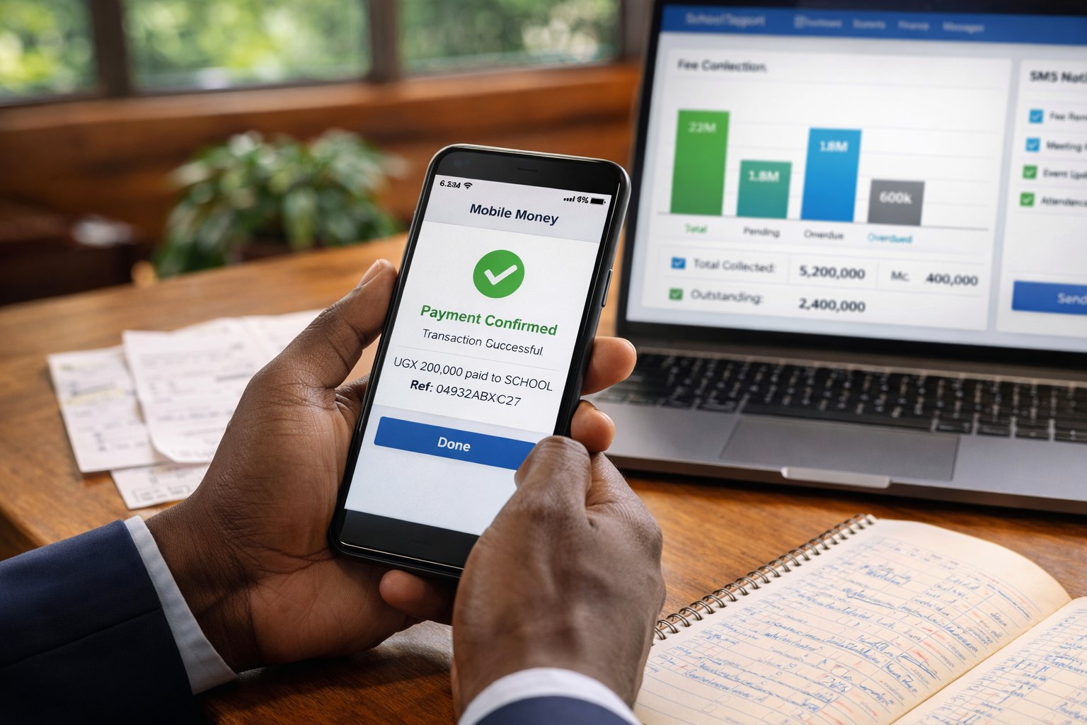 School bursar confirming mobile money payment on phone with fee dashboard on laptop