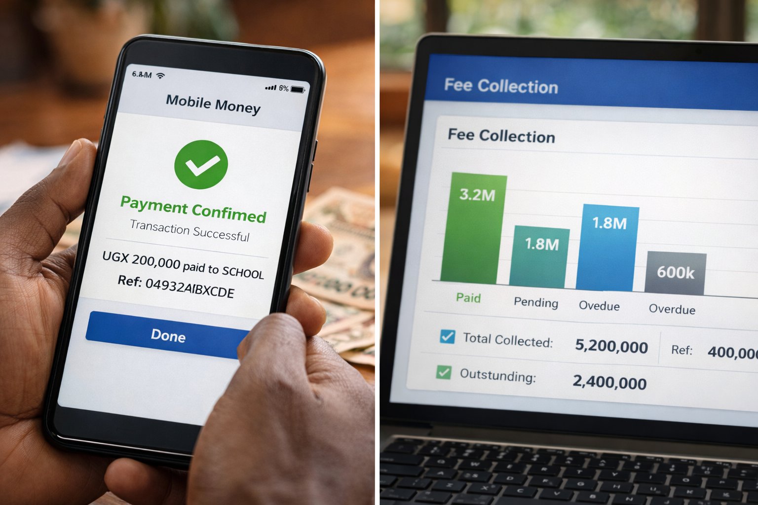 Mobile money payment confirmation alongside fee collection dashboard