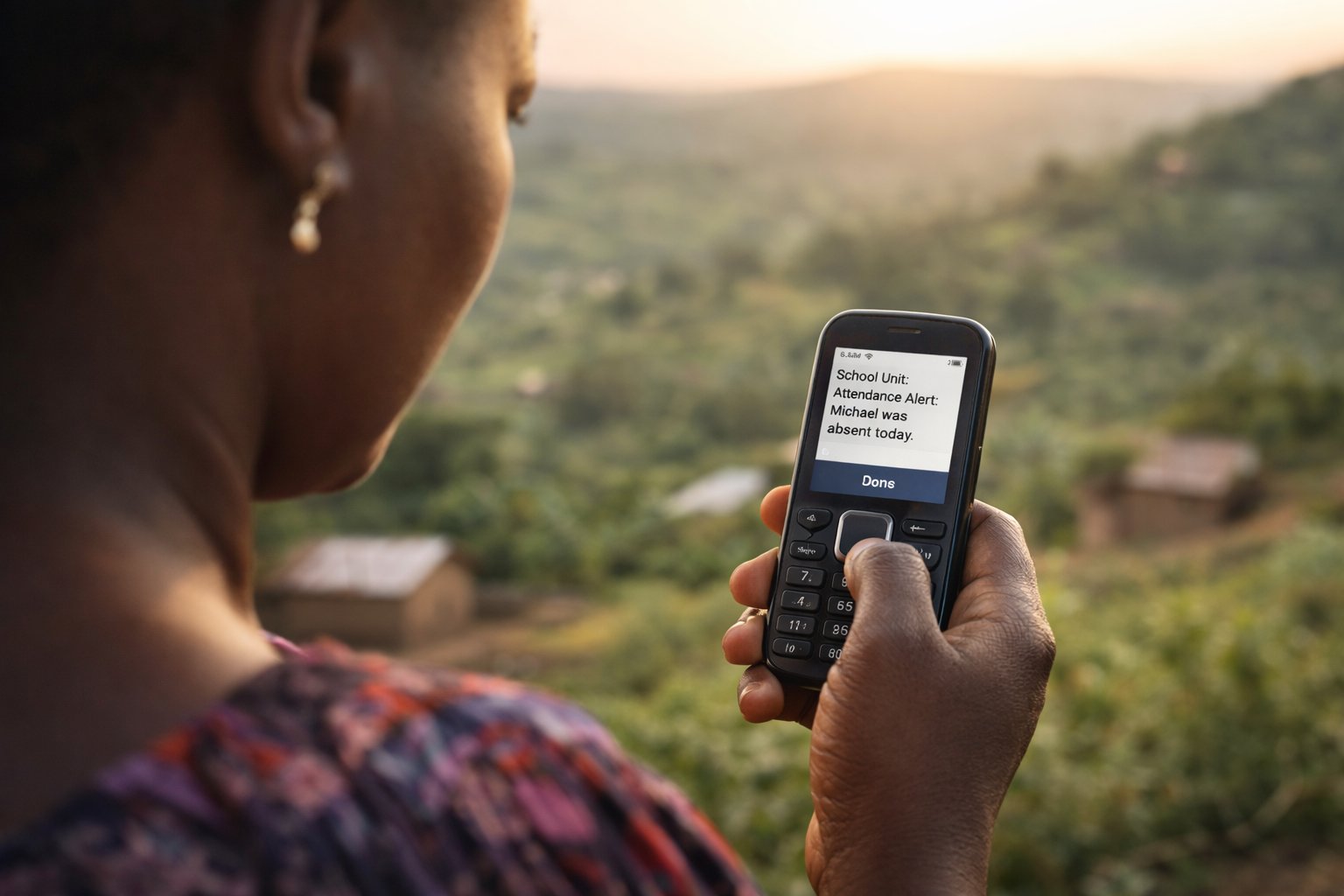 Parent reading school SMS notification on a feature phone in rural Uganda