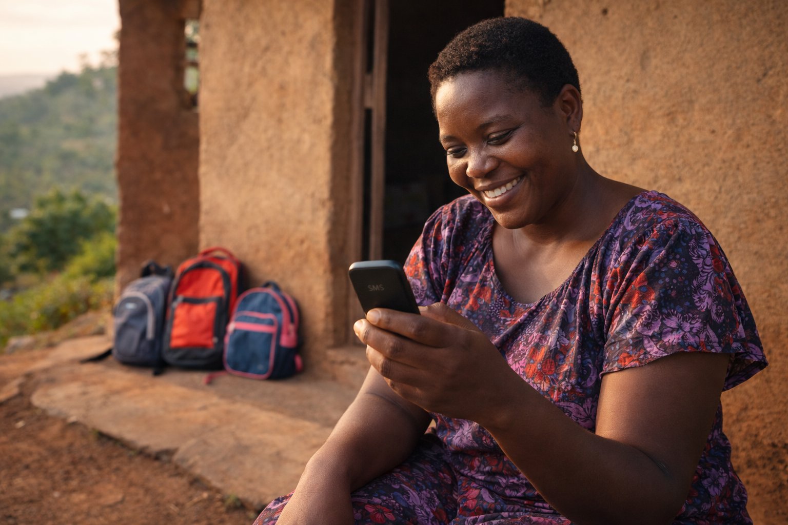 Ugandan mother smiling while reading school update on her phone